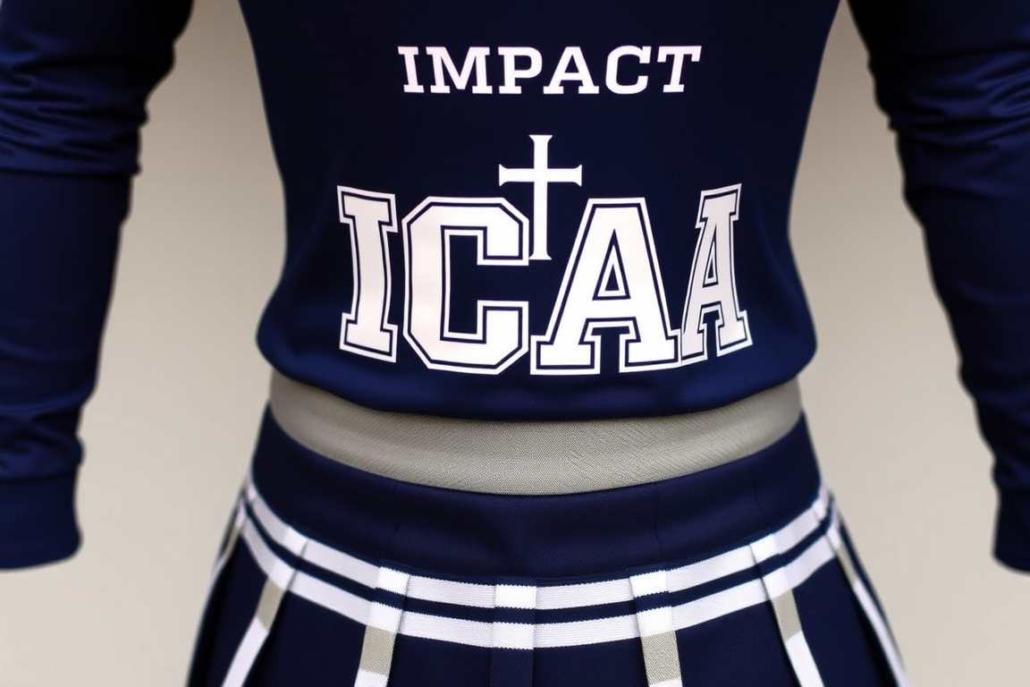 Main art studio: Cheer uniform, detailed and NOT simple. Long-sleeve fitted athletic top with a full-length torso, no exposed belly. Deep navy blue, white & silver. La