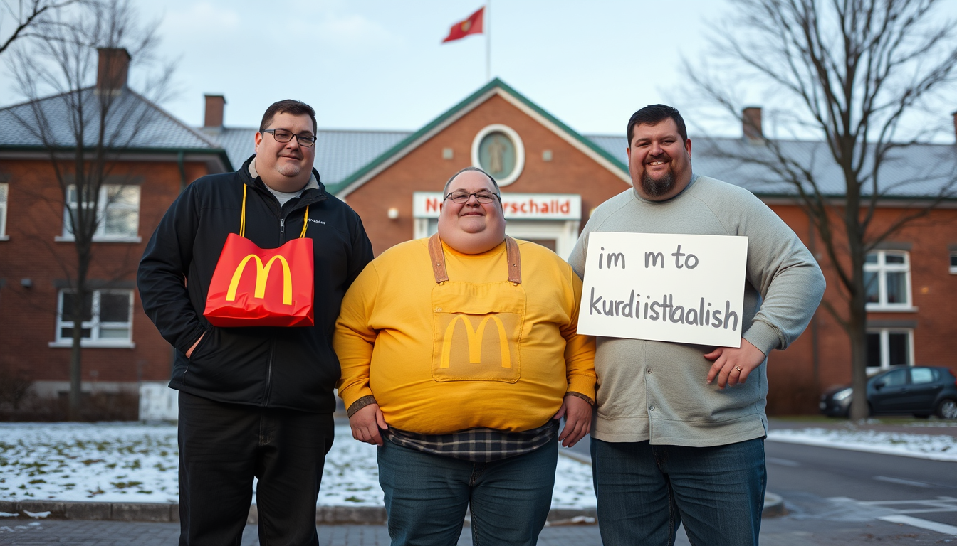 Main art studio: 3fat people everyone Guy needs to have a McDonald's bag they need to be in front of a school the school needs to have a sign that says "Önneredskolan"