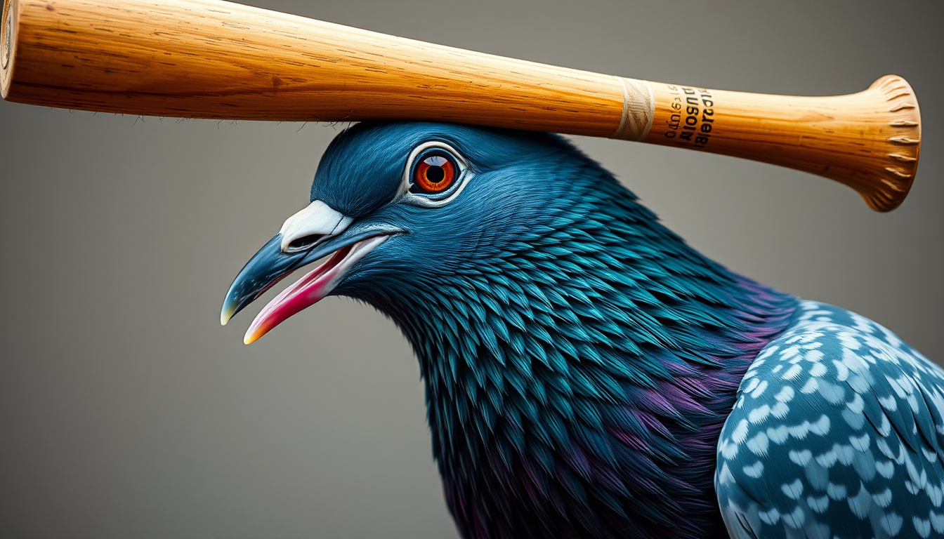 Main art studio: make me picture pigeon with baseball bat with face tusk'a