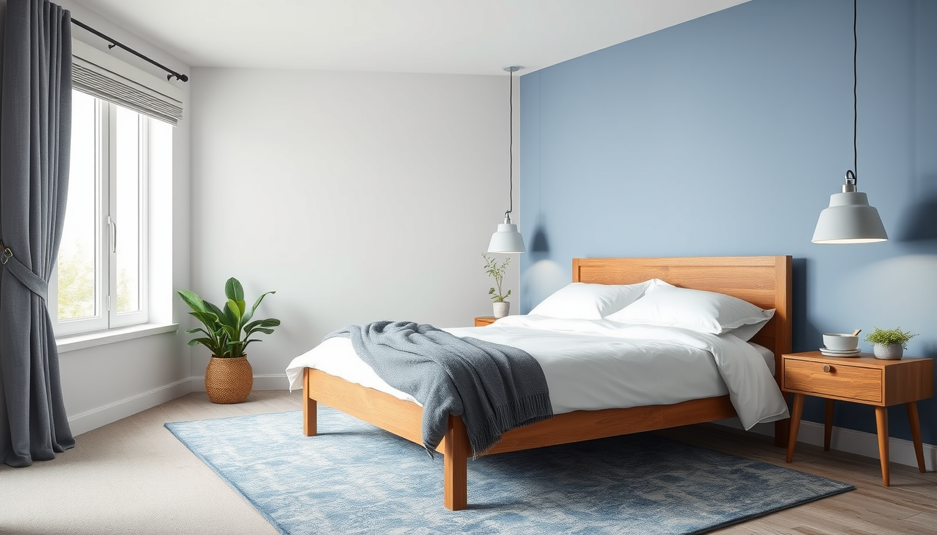 Main art studio: Zimmer bett blaue wand