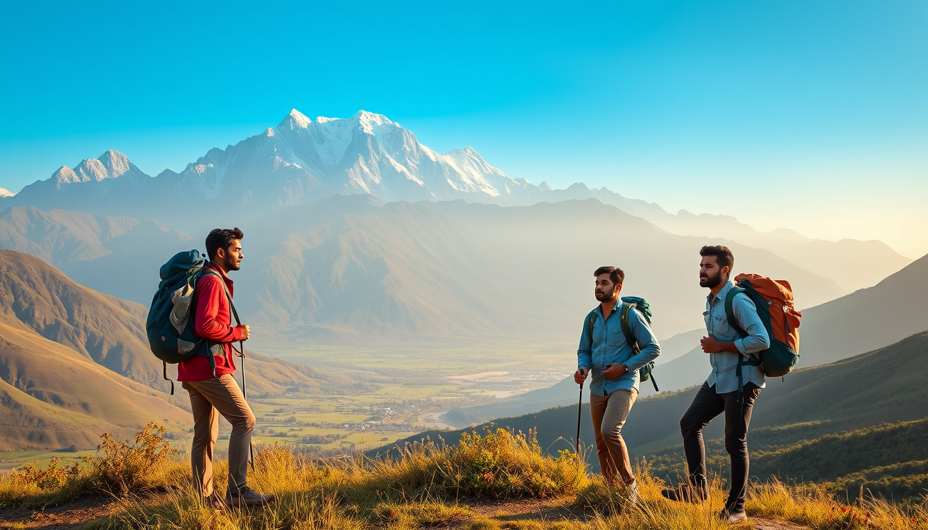 Main art studio: Mohan, Raj, Pratik and Manish, four adult Indian male friends, hiking toward a huge remote mountain range, wearing their fixed outfits and backpacks, 