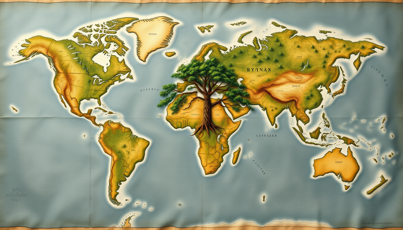 Fantasy Maps idea: a readable fictional world map with coherent coastlines, terrain regions, routes, and landmarks, deliberate composition, a world map (parchment, old)