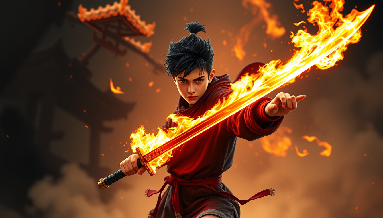 Main art studio: a boy teenagerthat has the power of fire and has a fire katana. he is fighting a bad guy