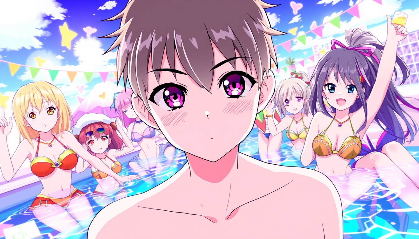 Anime idea created from the prompt: anime style, vibrant colors, expressive eyes, Anime Pool Party , detailed anime illustration