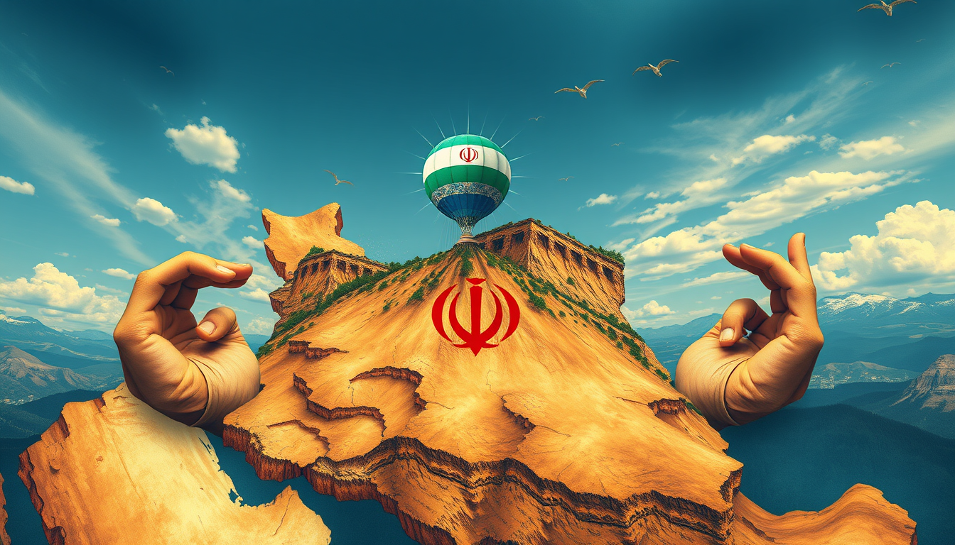 Main art studio: Create a completely original surreal conceptual poster. The accurate MAP OF IRAN is the main subject, with its northern border forming protective arms