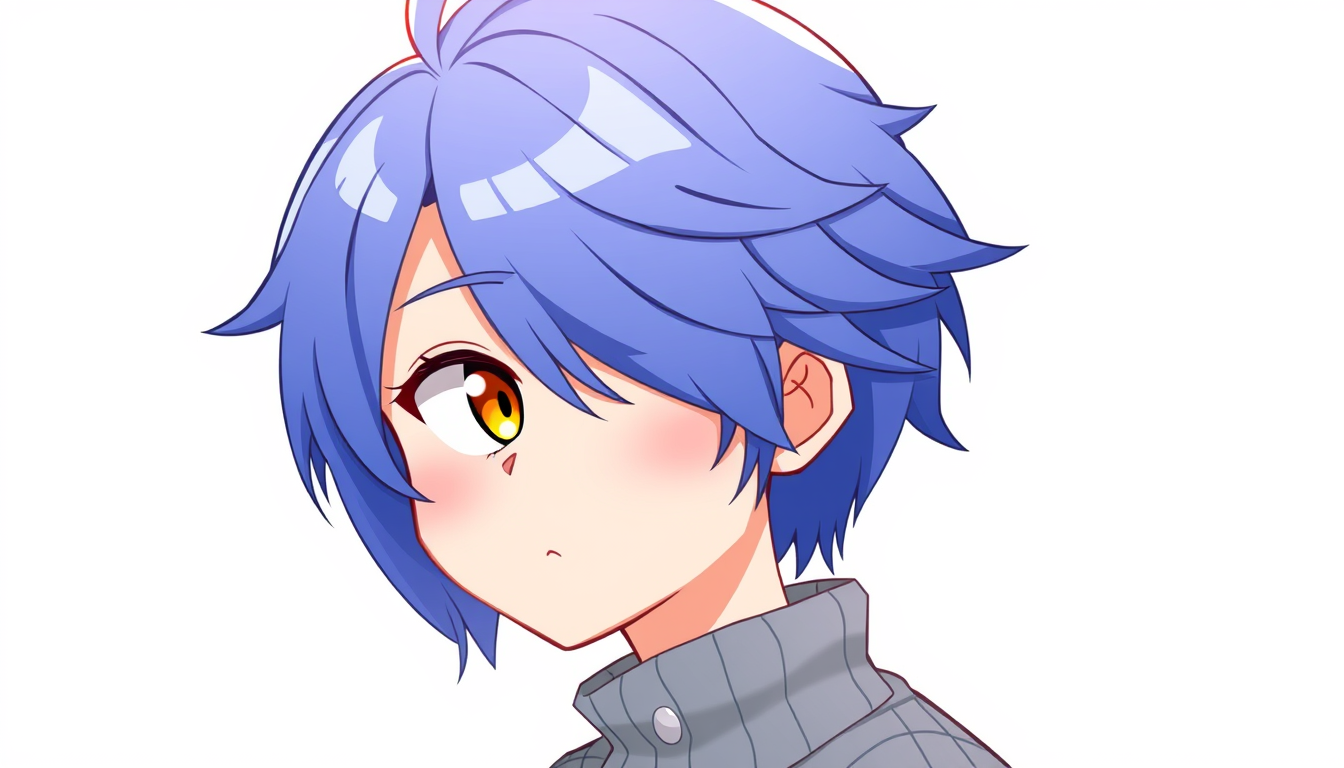 VTuber idea: vtuber avatar character, anime style, expressive face, streaming-ready design, Blue hair yellow eye and sweater boy , clean vtuber model illustration