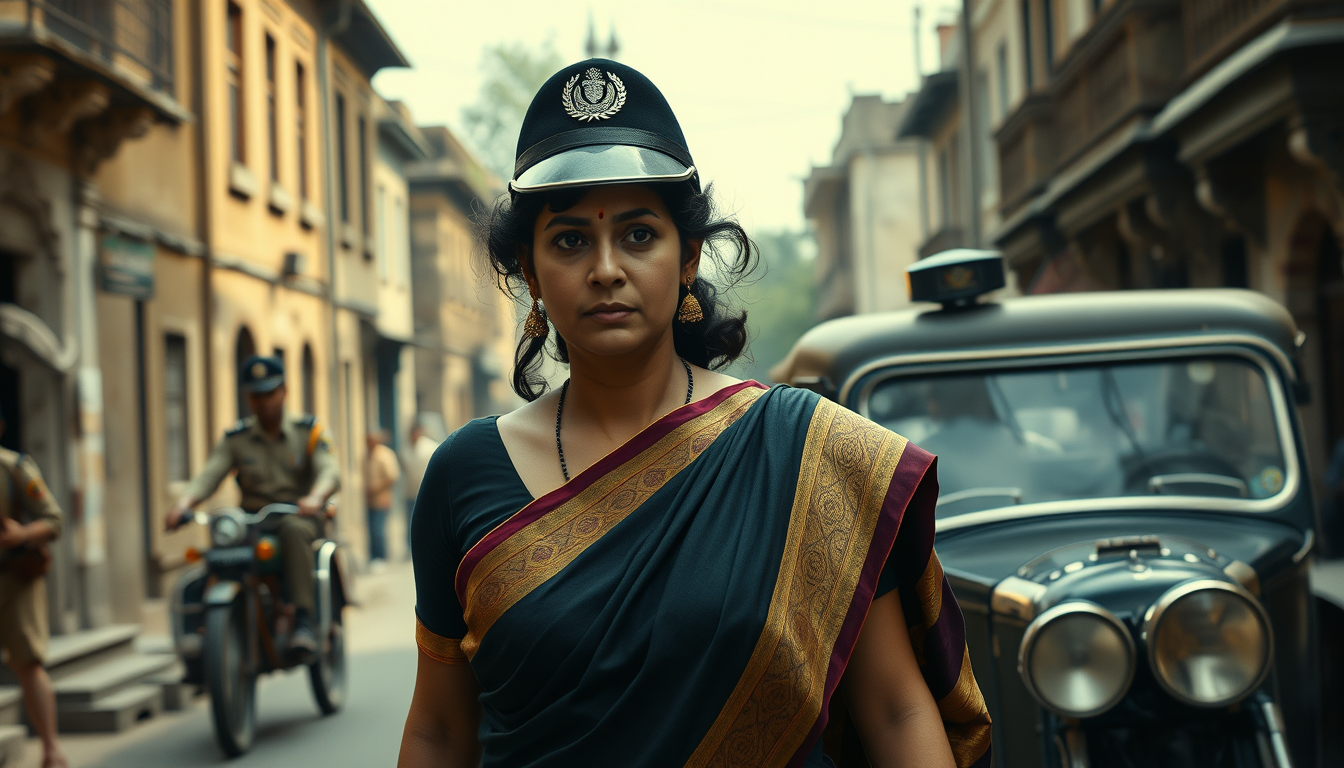 Main art studio: Ultra photorealistic cinematic 4K historical reconstruction, British Indian police escorting Neera Arya through an old colonial street, Neera wearing 