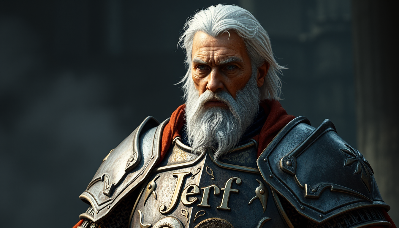 Main art studio: An older knight with white hair amd beard name Jeff on armor full length short hair the name Jeff written on armor chest