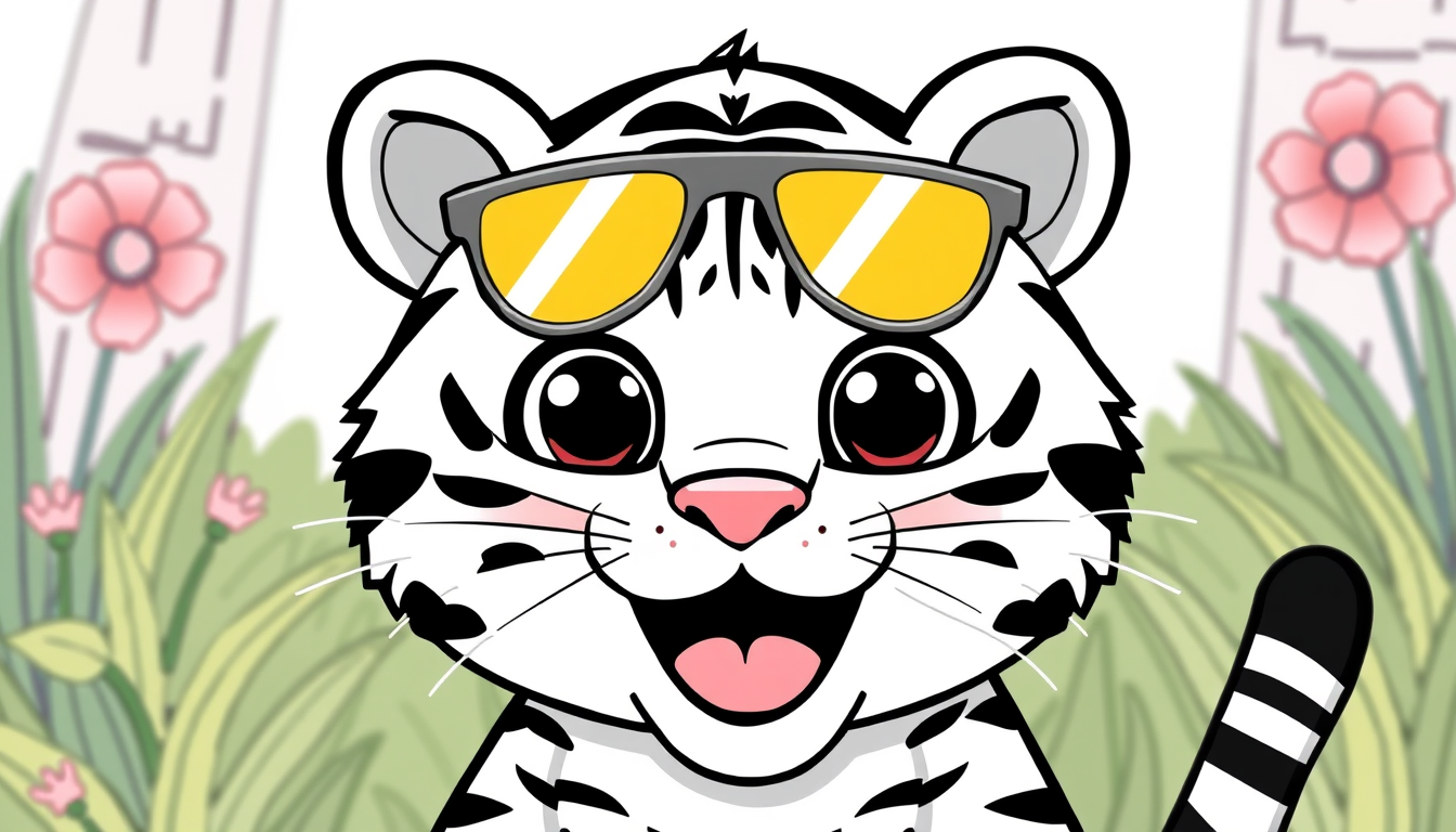 Main art studio: fröhlicher tiger mit Sonnenbrille zum selber ausmalen. Malbuchstil: NUR LINIEN= Schwarz und Weiß,. cartoonlike. OHNE farben, Ohne Hintergrund
