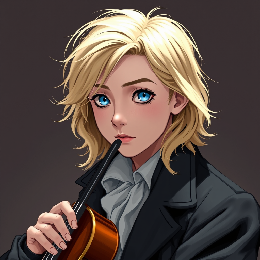 Main art studio: make me a cute but edgy profile pic (minimal clutter) of young brahms in the style of lucky star, pretty please!, blone hair, big blue eyes, lucky sta