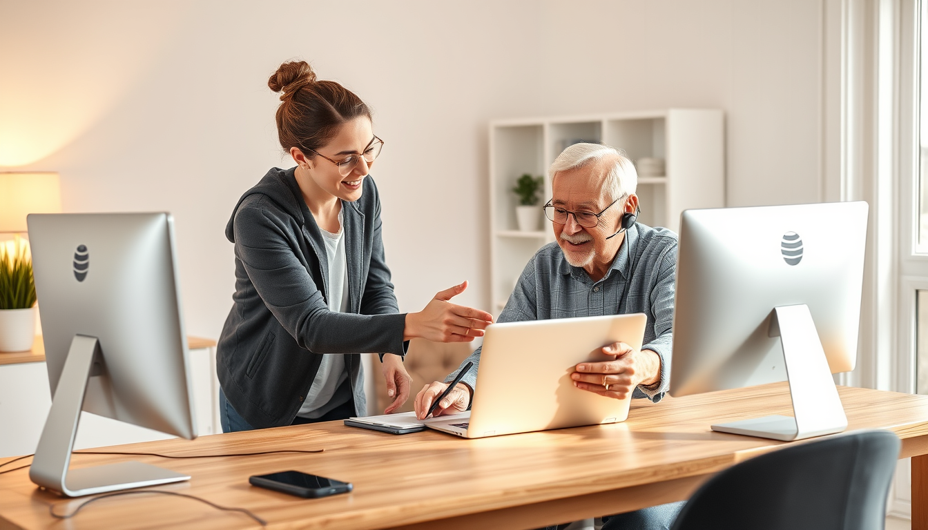 Main art studio: A modern, clean home office environment showing a friendly technology support scene. A person helping an older adult with a laptop computer, explainin