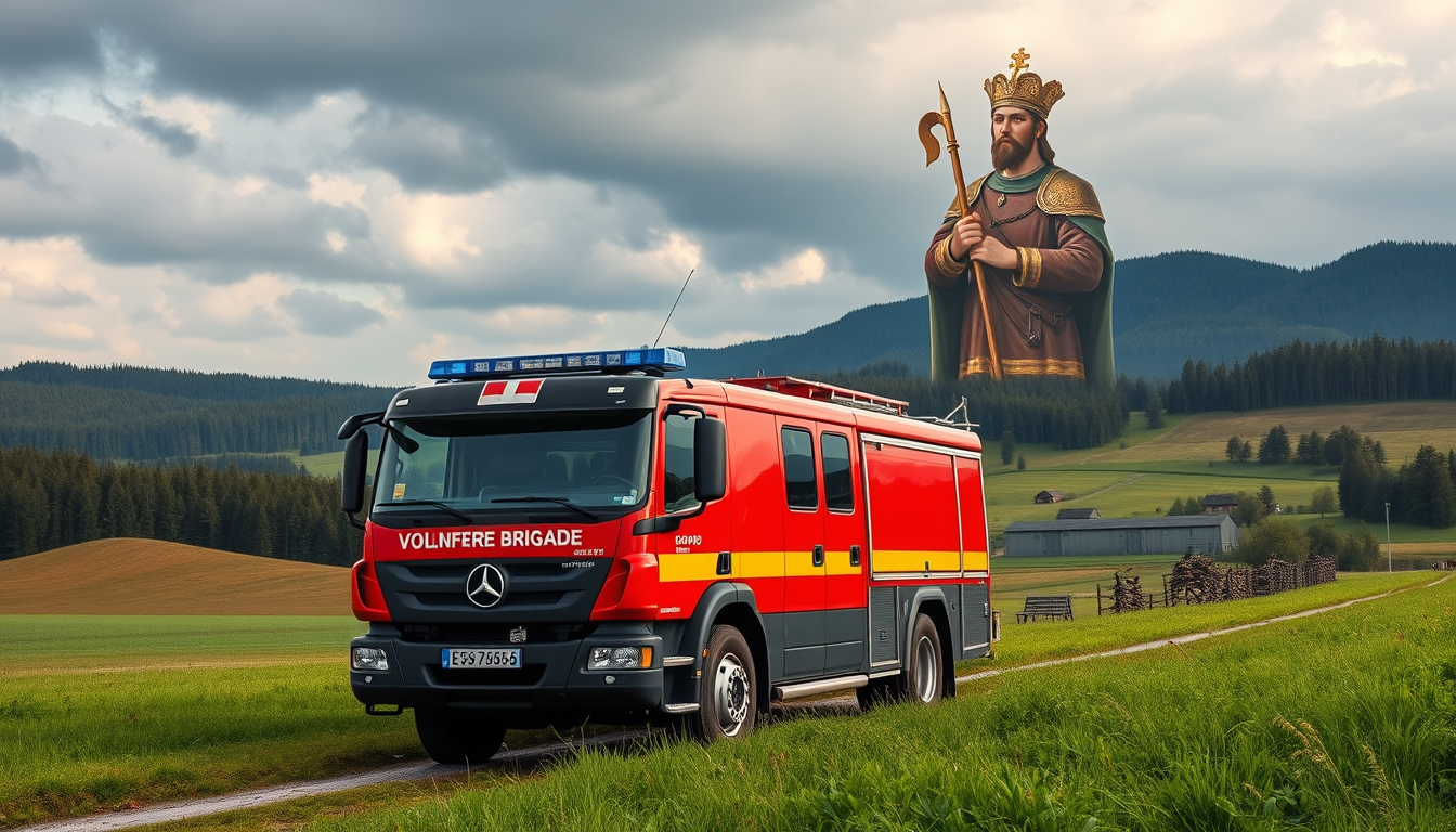 Main art studio: Photorealistic cover image for a volunteer fire brigade in Rhineland-Palatinate, Germany. Rural Vulkaneifel landscape near Leimbach and Adenau, with f
