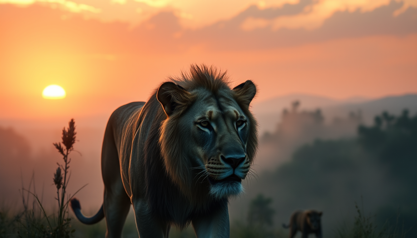 Main art studio: Scene progression:** 0–10 sec — Cinematic sunrise over a vast jungle. Introduce the lion walking slowly through the mist. Close-up of his face.