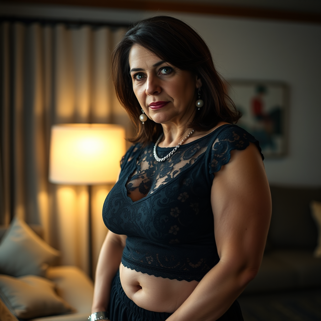Main art studio: close up of an astonishingly beautiful serious woman around 54, muscular, curvy. She is wearing black lace top, white skin, shoulder length dark brown