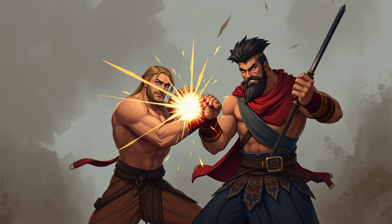 Main art studio: use os personagens da imagem anexada exatamente iguais mantendo as mesmas caracteristicas fisicas. crie uma sequencia onde o lutador braanco vai receb