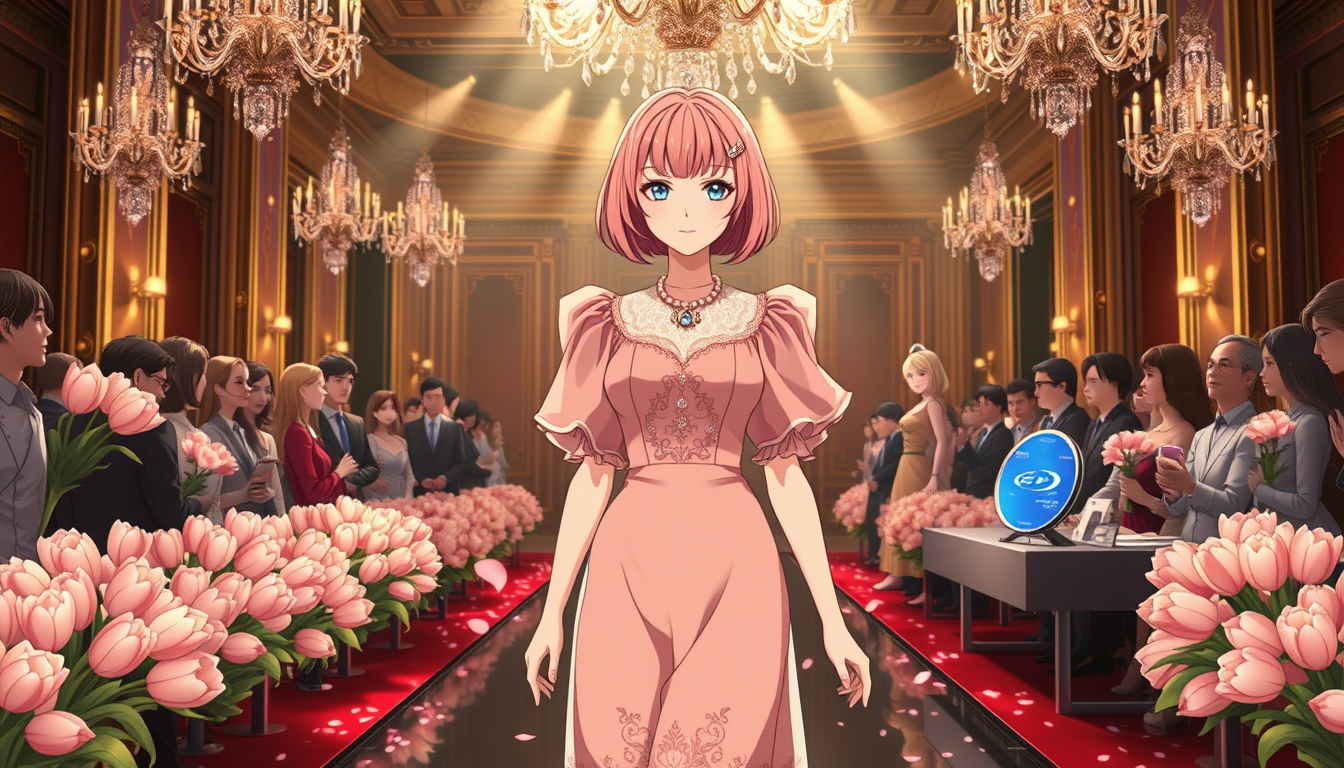 Main art studio: Create a stunning 16:9 Japanese anime episode thumbnail with elegant character design, polished cel shading, delicate line art, luxurious fashion deta