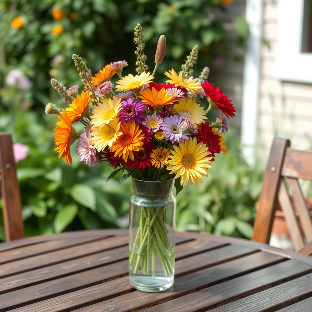 Main art studio: Transparent thin vase with a bouquet of colorful flowers on a wooden garden table