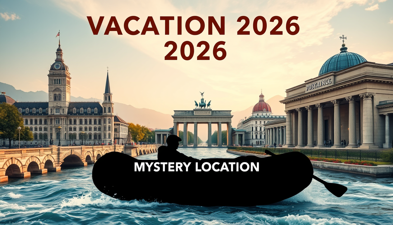 AI Art prompt example created from the prompt: Design a premium, cinematic travel poster titled "Vacation 2026". Feature the iconic landmarks of Munich, Bayrischzell, and Berlin, and clea