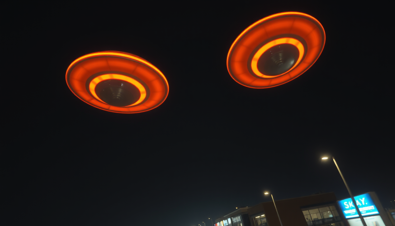 Main art studio: Two round and orange ufos with the second not too far behind and lower than the other, in the night sky (first-person view), immobile and horizontally