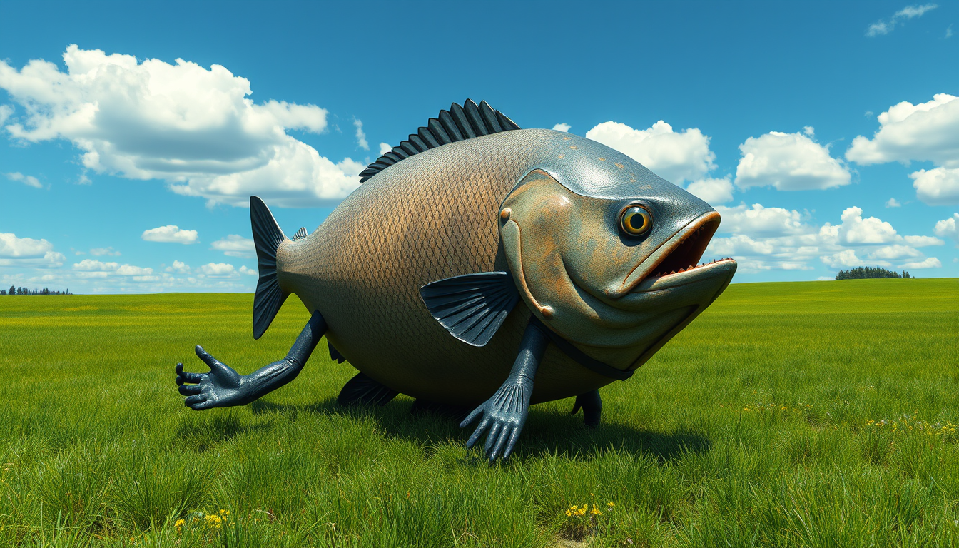 Main art studio: A big fish in the shape of a cube on a big grass feild that has human arms and legs thats blacked out