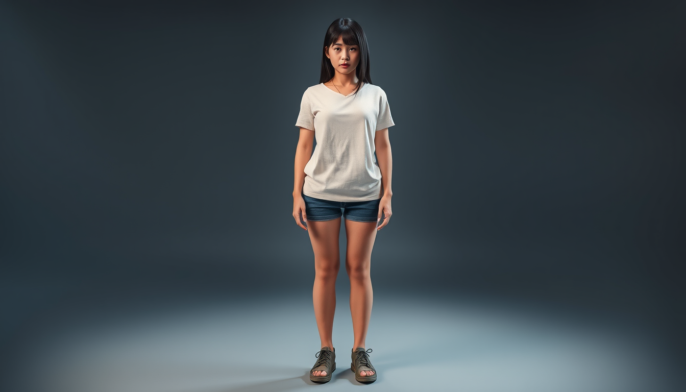 Main art studio: "A realistic full-body 156 cm, 70 kg female, dark haired, standing facing forward, neutral pose, studio lighting."