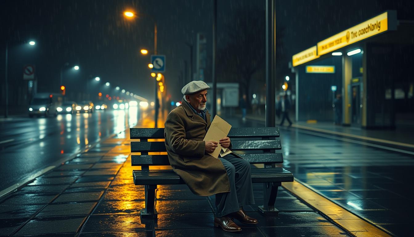 Main art studio: A lonely old man sitting on the last wooden bench at a deserted bus station on a rainy night, wearing an old brown coat and wool cap, holding a worn-o