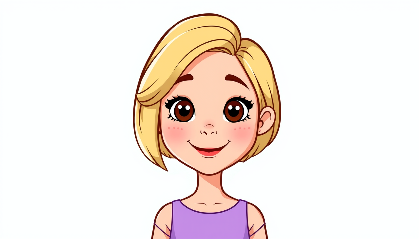 Cartoon Avatars idea: cartoon avatar, head-and-shoulders, bold outlines, flat shading, Cartoon of a woman with blonde hair cut into a bob, brown eyes, a round, childish fac
