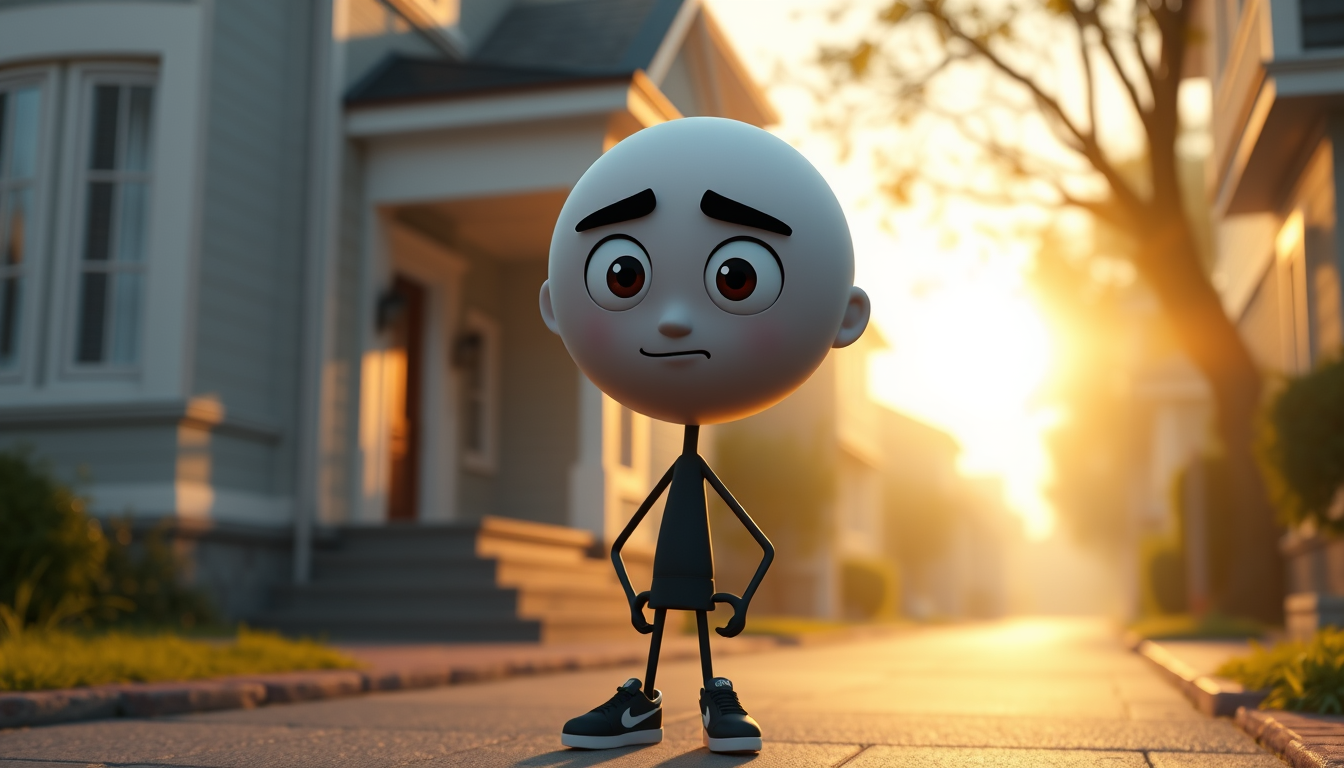 AI Art prompt example created from the prompt: A cinematic 3D illustration of the same young stick-figure character named Arman, with a round white head, thin black stick body, large expr