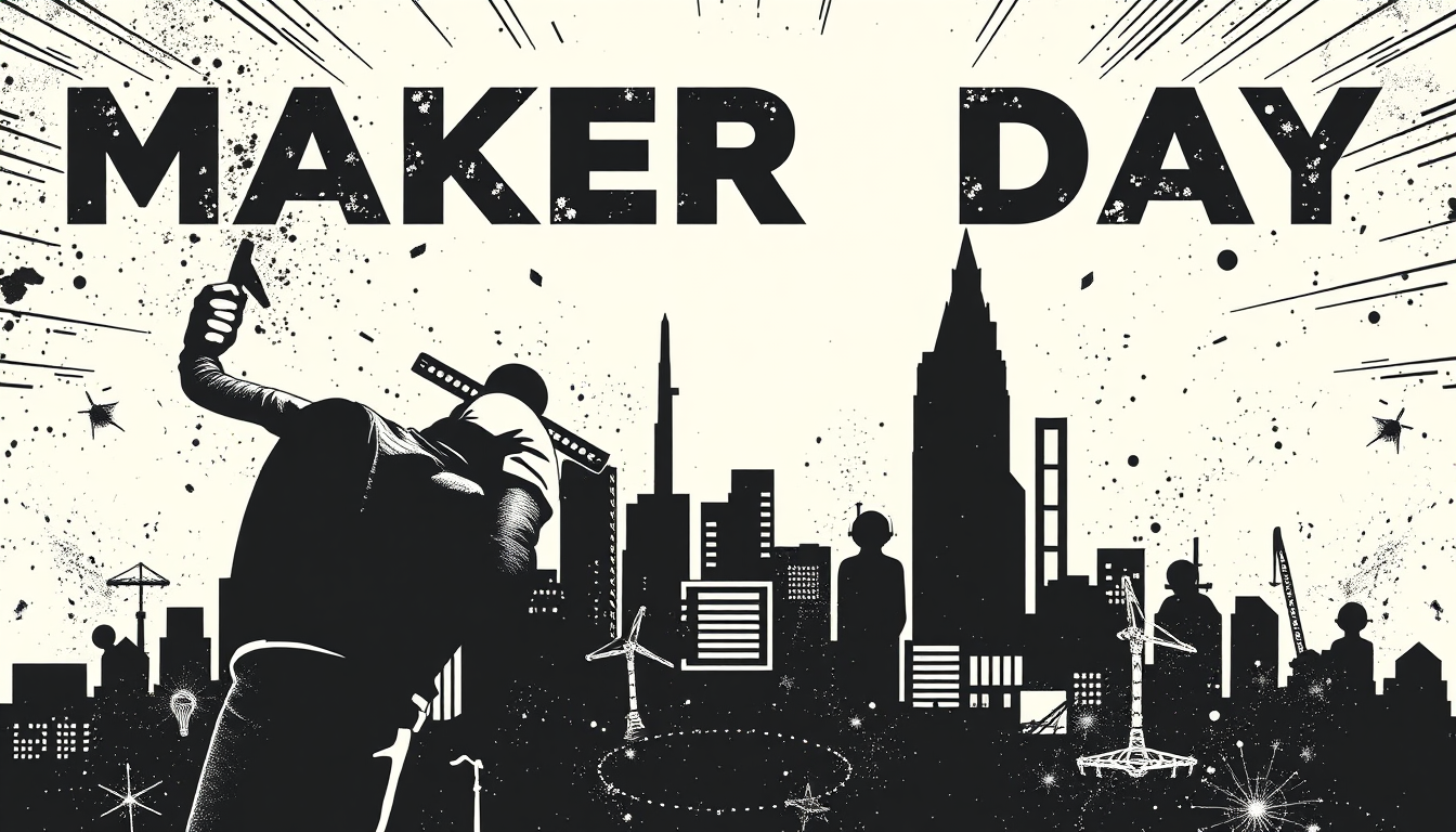 Poster idea created from the prompt: poster design, bold striking composition, strong focal point, space for headline, make a makerday poster , print-ready poster