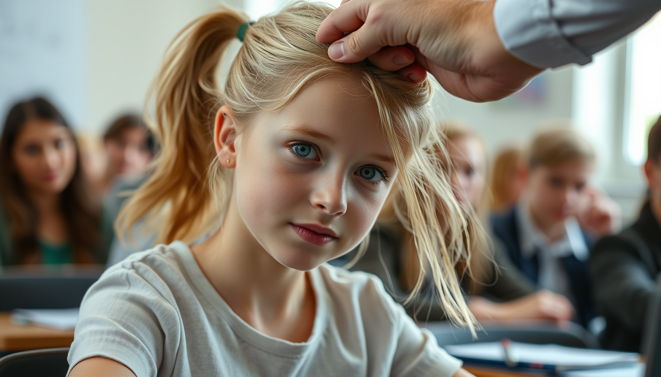 Realistic Images idea: photorealistic generated image, natural materials and skin texture, physically plausible lighting, Ein blondes Mädchen dass in der Klasse den Kopf in 