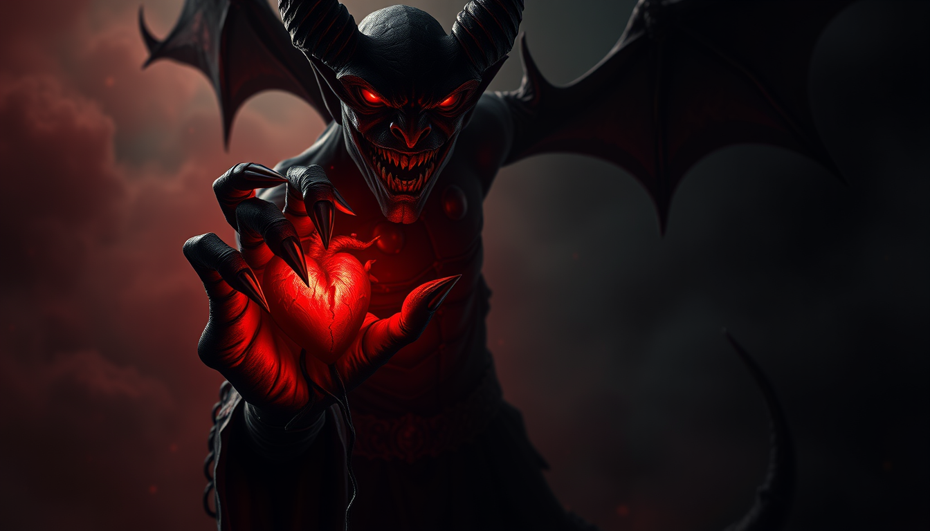 Main art studio: a demon with a heart in his hand, dark, fantasy