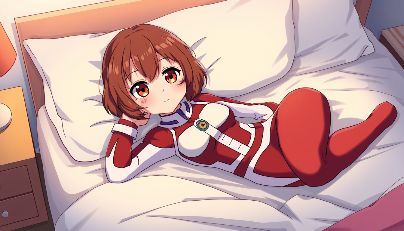 Main art studio: Ochaco Uraraka from My Hero Academia, lying comfortably on a cozy bed, wearing her classic original Zero Gravity hero costume, full body visible, rela