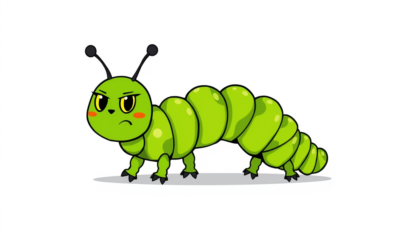 Main art studio: children' book illustration: a beautiful angry green caterpillar, front-facing. Isolated single Illustration, transparent background, no decoration, n