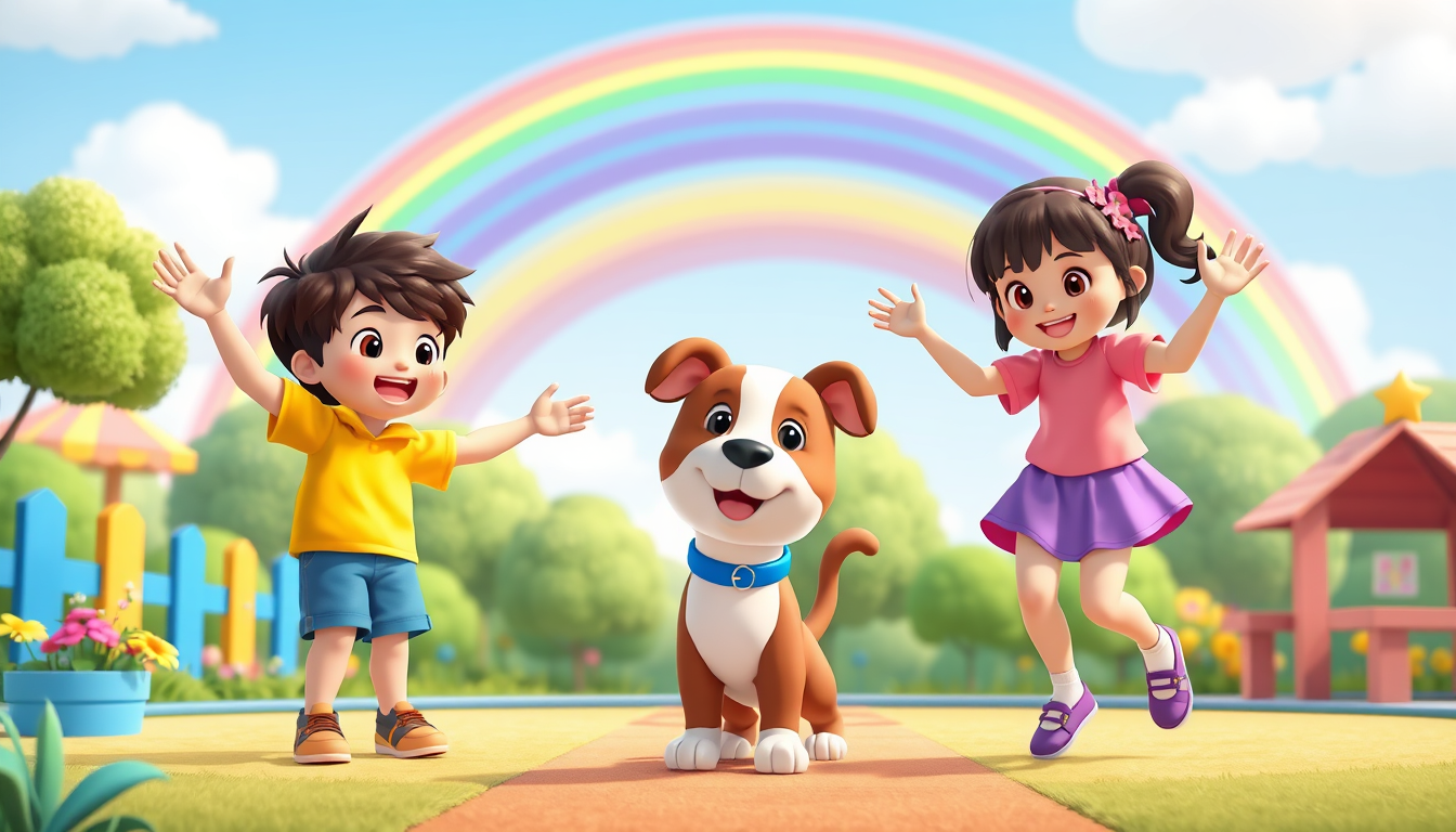 Main art studio: Aru, Mia and Bobo only, exactly three characters. Aru is a cute boy in a yellow shirt and blue shorts. Mia is a cute girl in a pink shirt and purple s