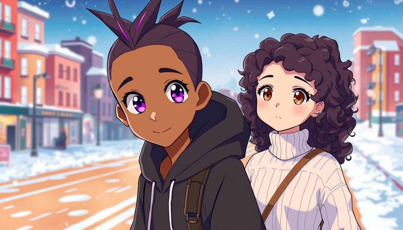 Anime idea: anime style, vibrant colors, expressive eyes, A cute brown skin guy with purple eyes and has a ponytail hairstyle with purple lighting on the ends of
