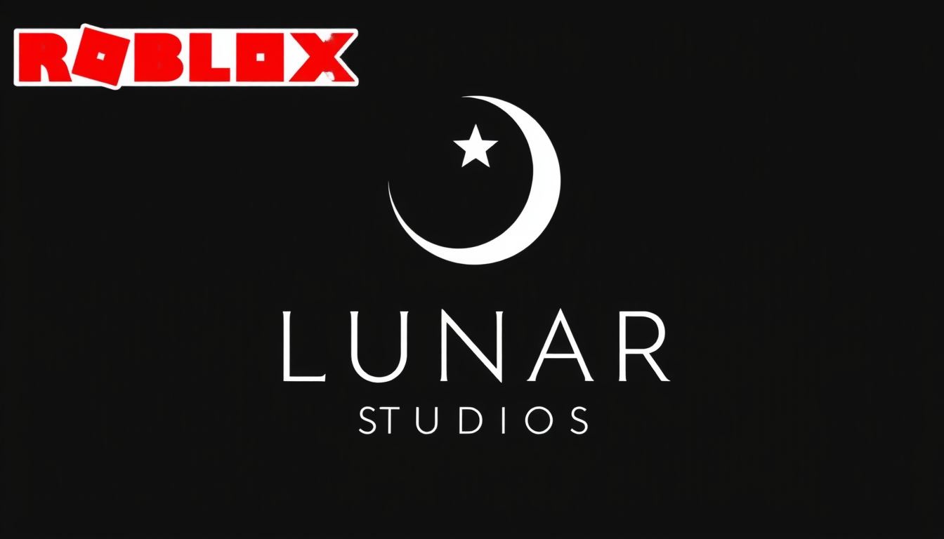Main art studio: Elegant Roblox studio logo for "LUNAR STUDIOS". Minimalist crescent moon and star symbol, sophisticated modern typography, clean geometric design, pre