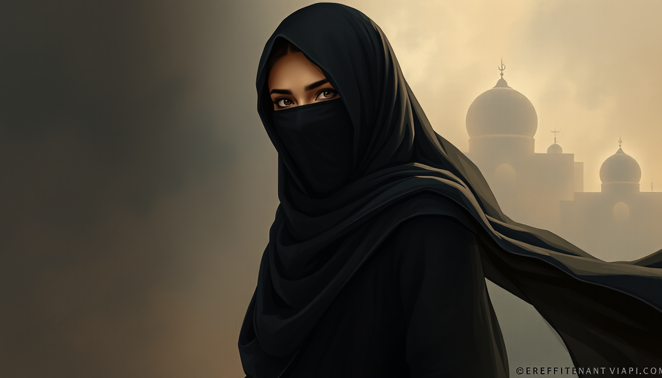 AI Art prompt example created from the prompt: Detailed cinematic hand-drawn digital illustration, NOT a photograph. A modest Muslim woman wearing a full black niqab and flowing black aba