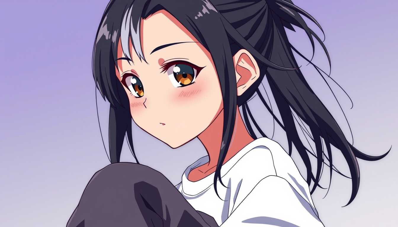 Anime idea: anime style, vibrant colors, expressive eyes, a girl with black hair but with few white strand of hair, athletic , fair skin, a bit of freckles , beau