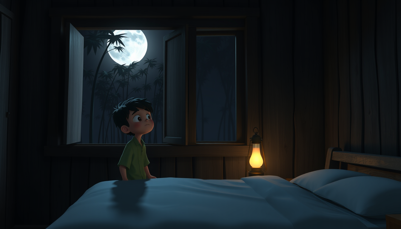 Main art studio: Use the uploaded Rashed reference image to maintain the same character appearance and clothing. At midnight inside a traditional rural Bangladeshi bed