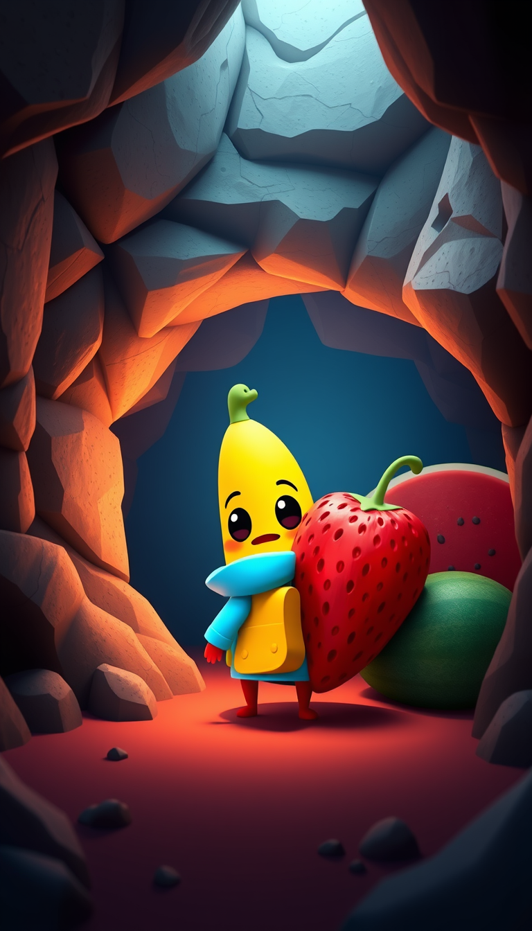 Main art studio: Cute 3D cartoon strawberry wearing a blue hoodie entering a dark magical fruit cave. The banana with a yellow backpack is inside, looking scared. A gi