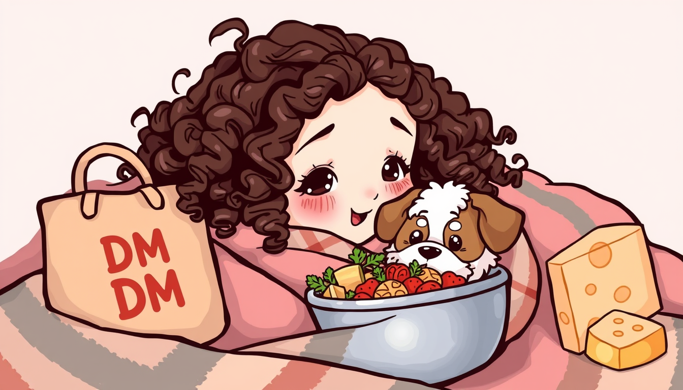 Main art studio: Draw a image of a girl with curly and dark brown hair in the kawaii style. The girl is in a blanket, like a burrito. Near the girl add a dog, with whi