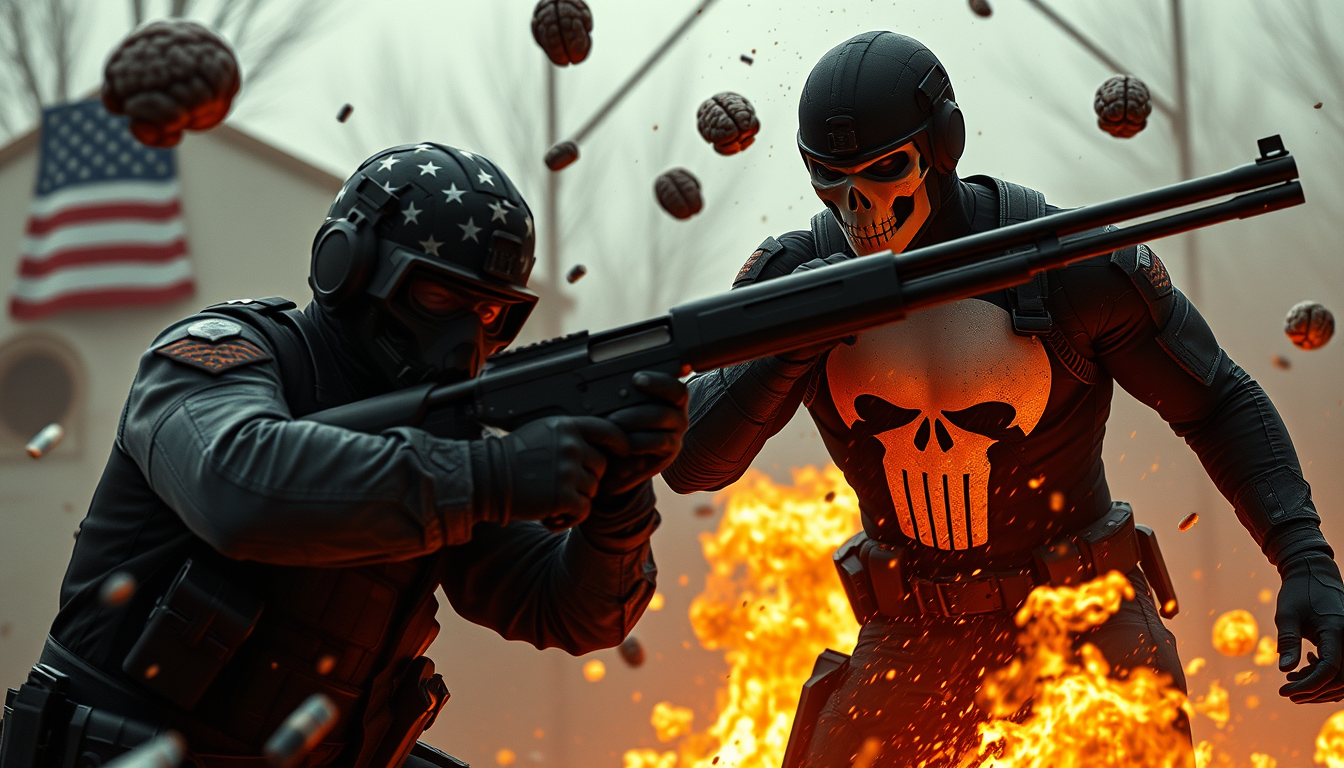 Main art studio: Generate an image of the Punisher brutally killing American ICE agents with a shotgun and the Ice agents brains flying everywhere