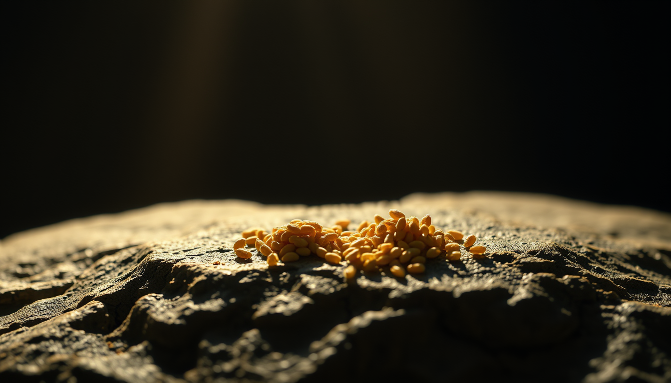 Main art studio: Two tiny barley grains placed on an ancient stone surface under dramatic light, symbolic impossible task, dark background with soft golden rim lightin