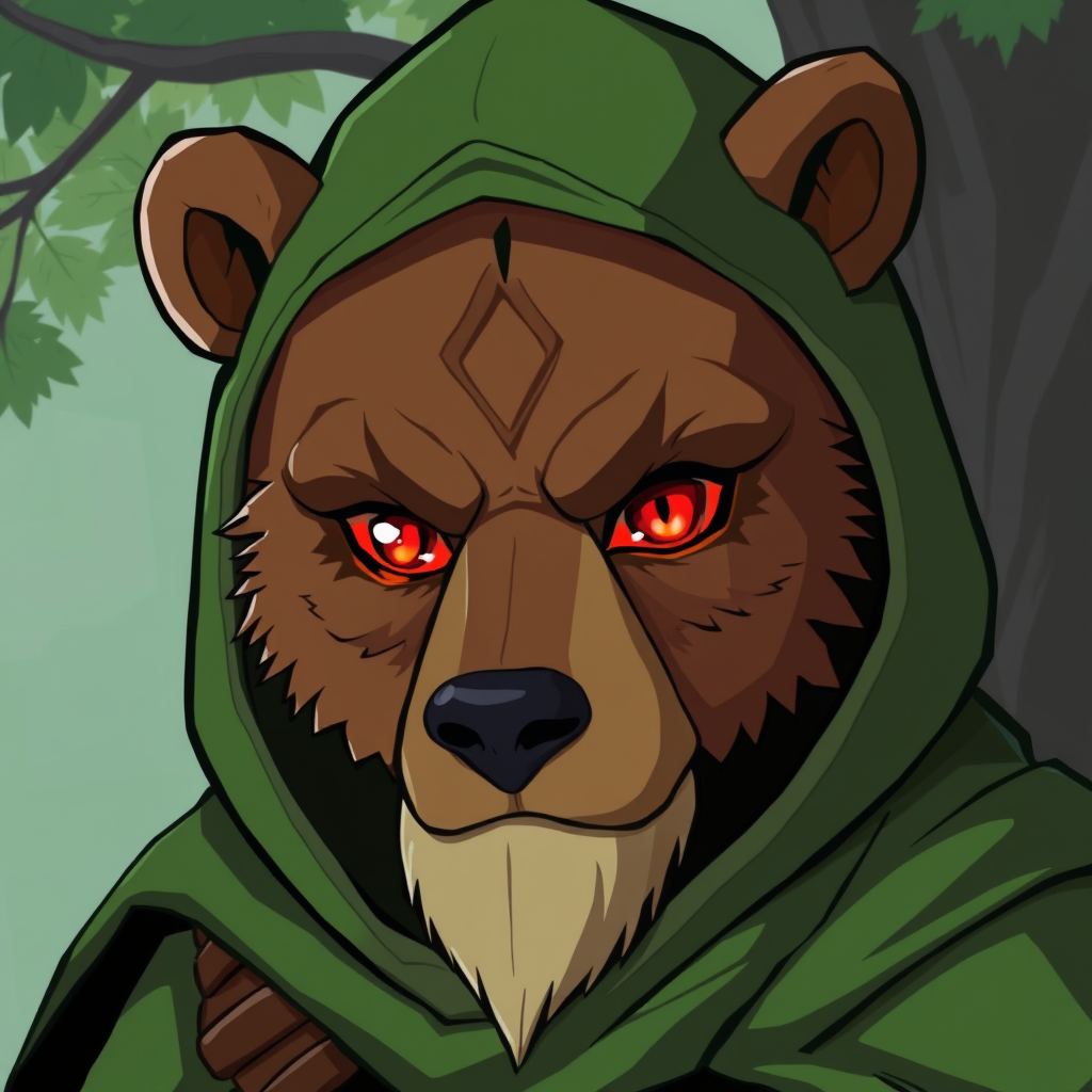 Main art studio: fantasy cartoon artstyle. A druid with a green cloak with a hood on. The character wears a bear face to cover his face. Only the humans eyes are visib