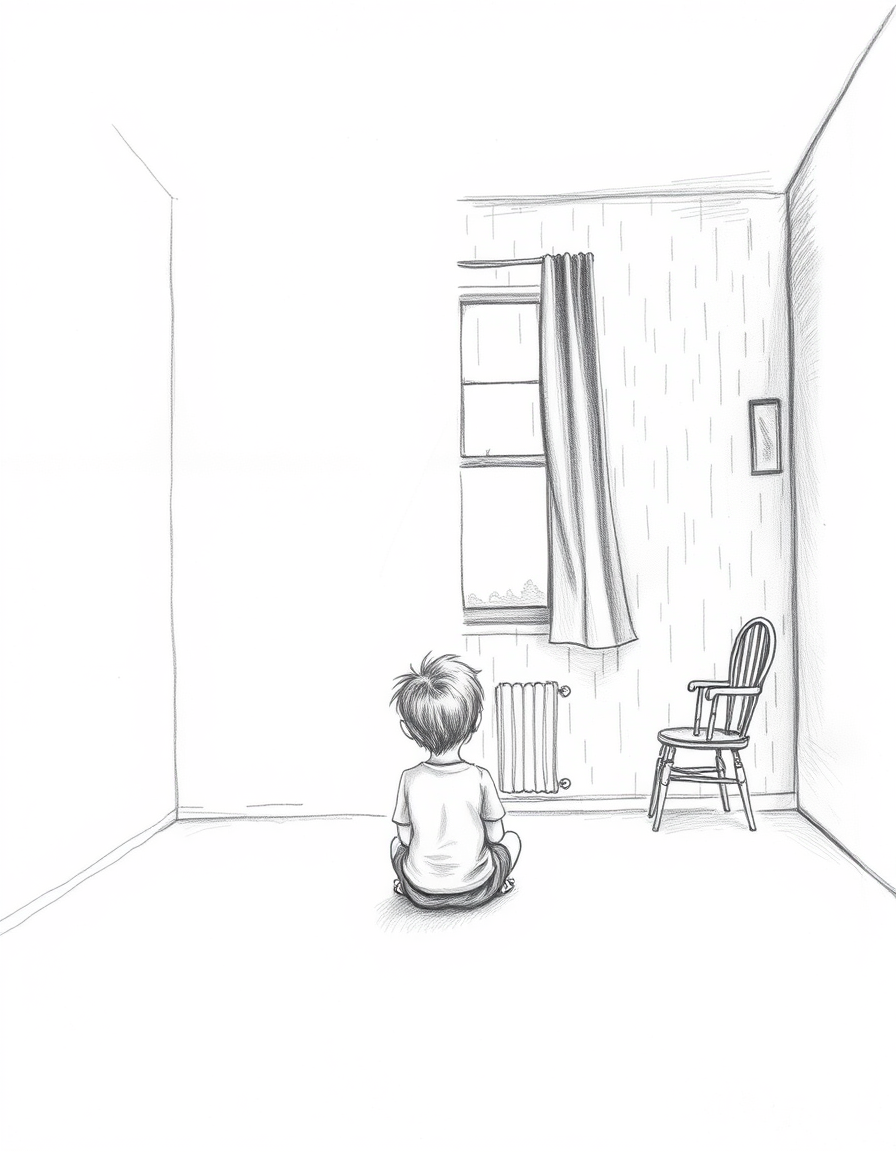 Main art studio: Minimalist black and white pencil sketch, a little boy sitting alone in a very empty room. The room is subtly divided into two sides: one side complet