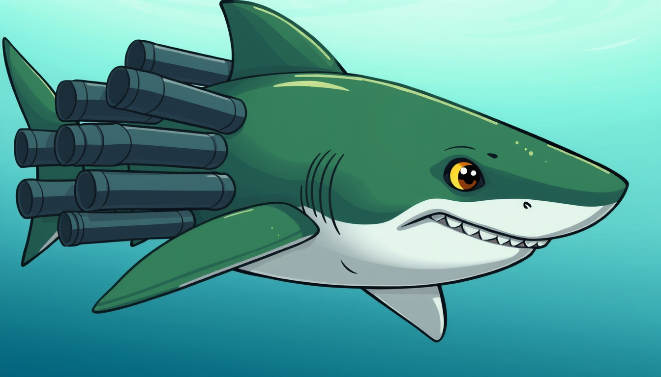 Main art studio: CANNON SHARK. A shark fused with SIX LARGE CANNONS. The cannons are clearly visible and attached to the shark's back and sides. The cannons are essent