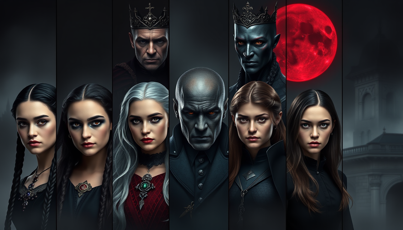 AI Art prompt example created from the prompt: Create a photorealistic, cinematic dark-fantasy CHARACTER REFERENCE COLLAGE with NINE DISTINCT PANELS, each containing one different charact