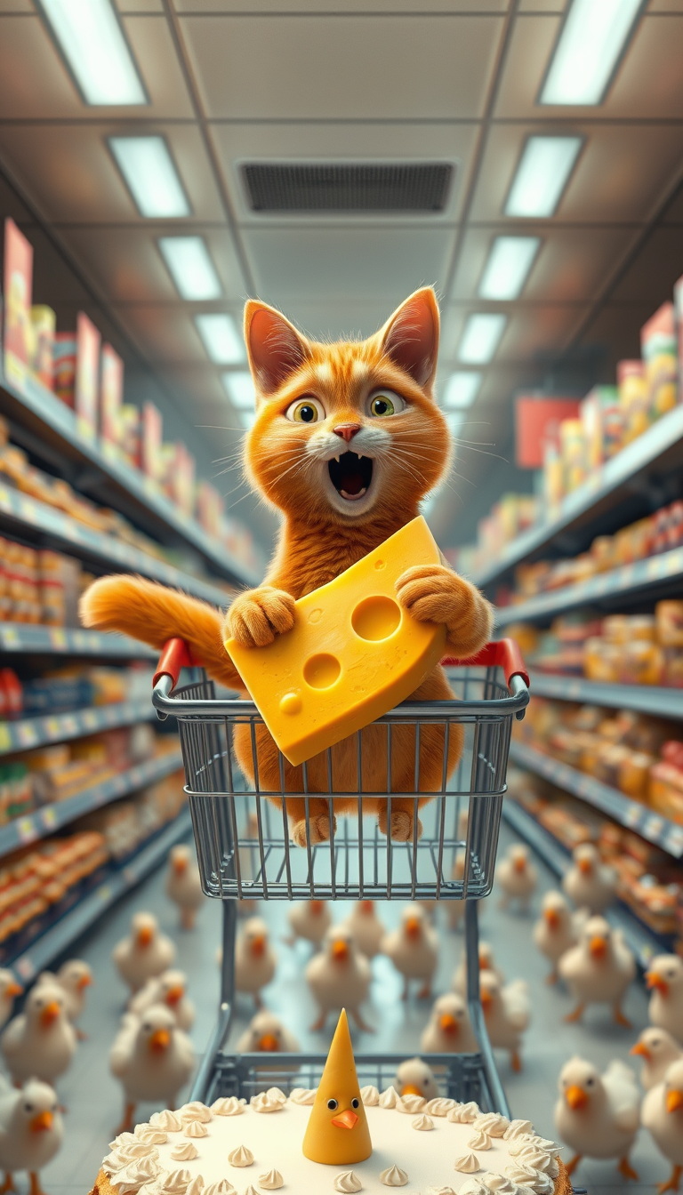 Main art studio: Keep the same orange 3D animated cat. The cat suddenly launches out of the shopping cart like a rocket, still holding the giant cheese, flies through 