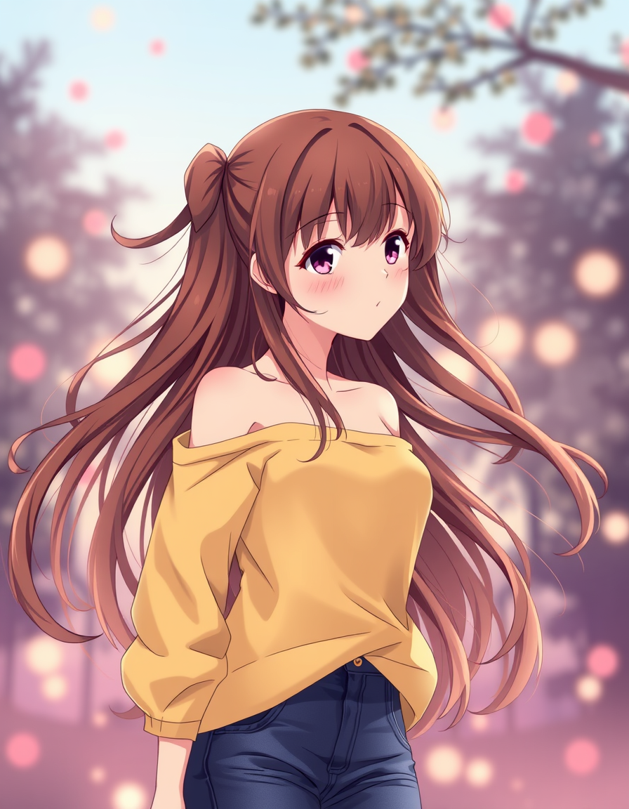 Main art studio: A romantic image of a beautiful teenage anime girl with brown hair that flows around her face wearing a shoulder less yellow shirt and jeans.