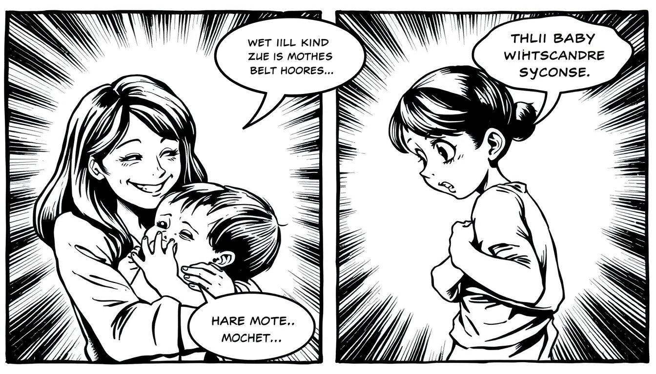 AI Comic idea created from the prompt: comic panel, bold inks, halftone shading, speech-bubble ready composition, Ich bräcuhte ein simples Bild (im Stil von Comic) wo Mutter und K